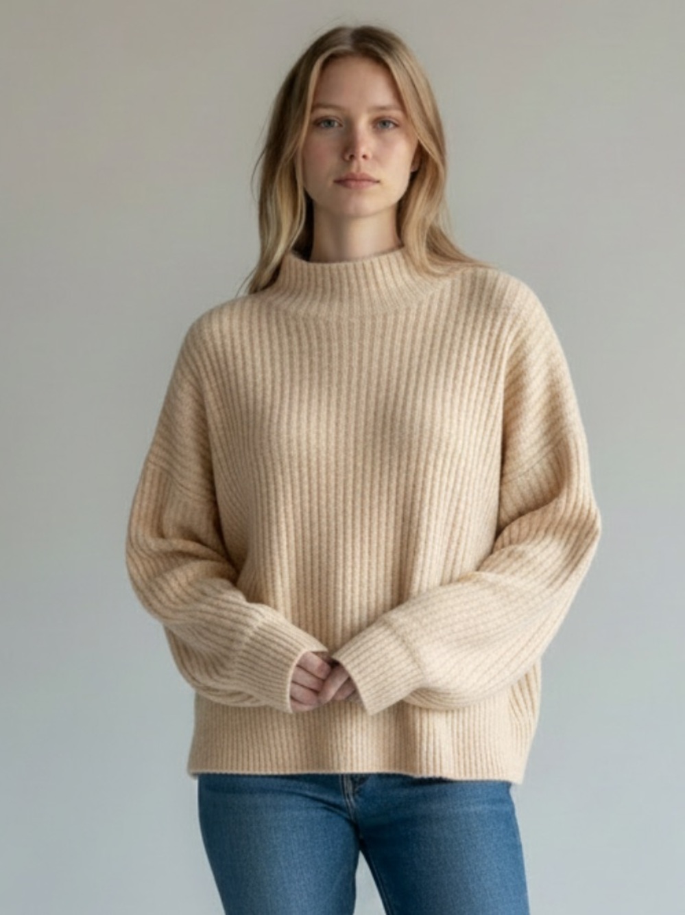 LOFT Cream Ribbed Cowlneck Sweater